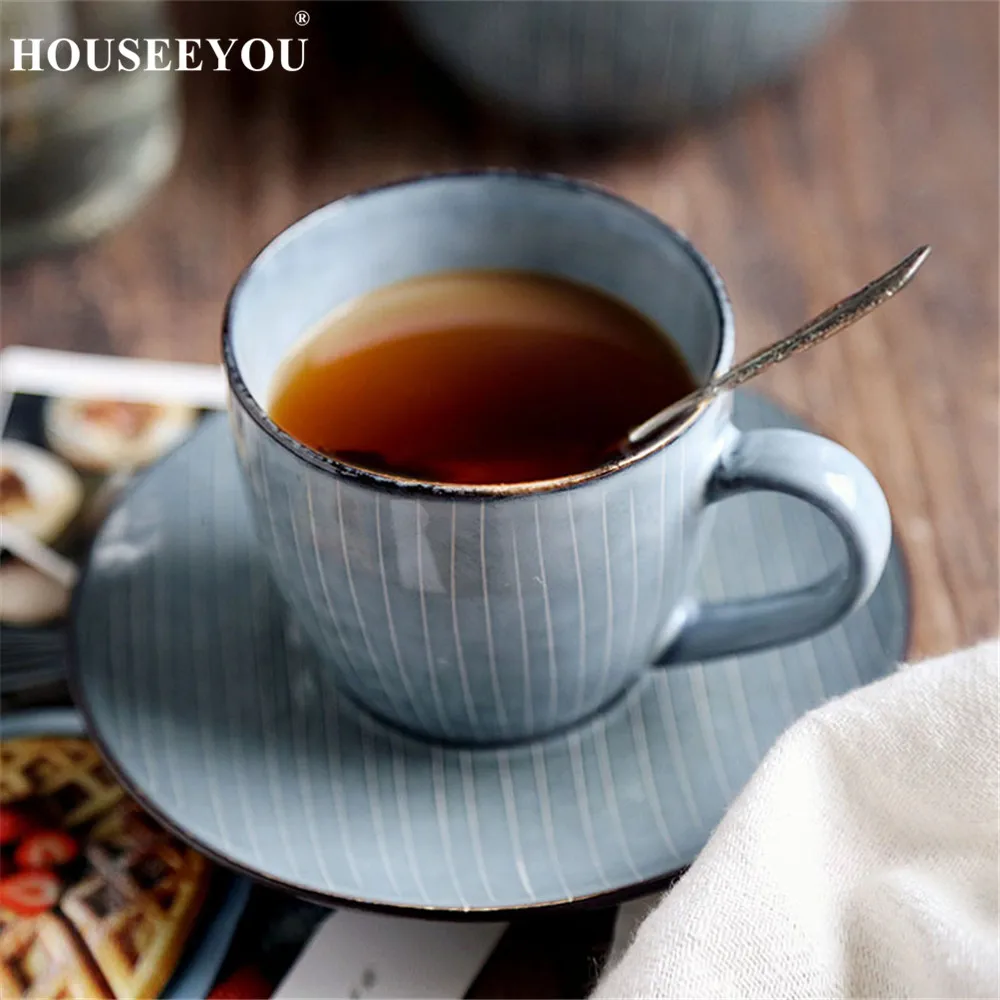 Houseyou, Японская Чашка Из Celadon, кофейная чашка, блюдце, набор, чайные чашки, креативные керамические чашки для послеобеденного чая, Современная фарфоровая чашка на День святого Валентина
