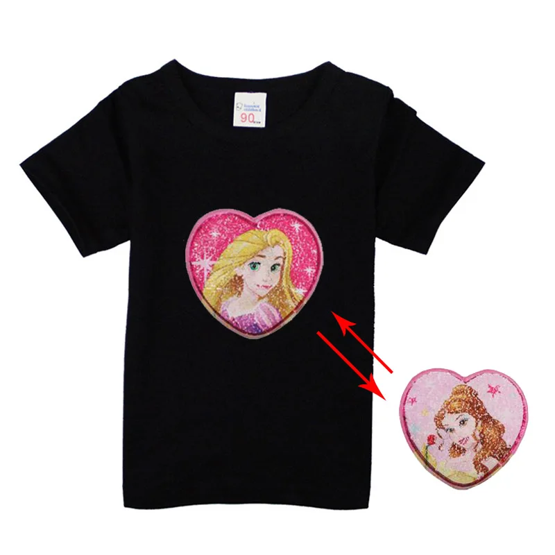 Розовая хлопковая Футболка принцессы с длинными волосами и волшебными пайетками для девочек; От 3 до 10 лет летняя футболка - Цвет: black