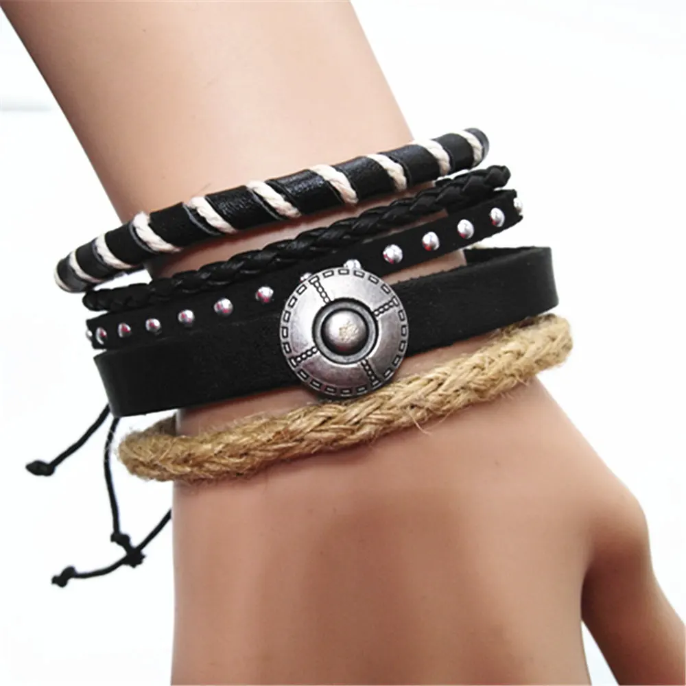 Hemp Fashion Skull Cross Wrap Handmade Woven Men Leather Bracelets Handmade Woven Men Leather Bracelets