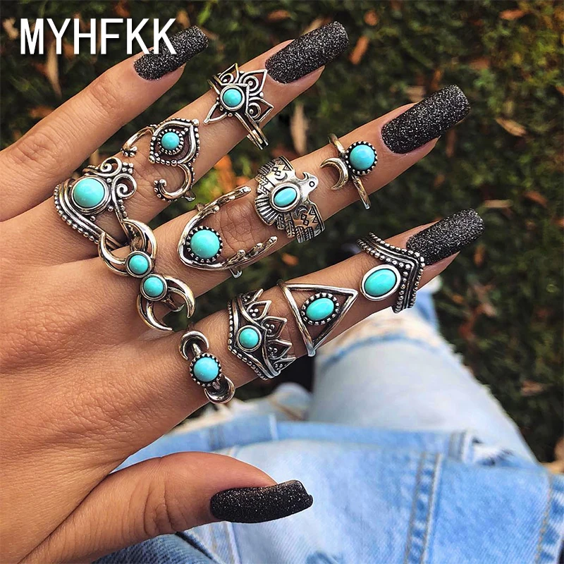 

MYHFKK2019 hot retro antique silver ring set hollow geometric ring set blue rhinestone ladies jewelry ring JZ027