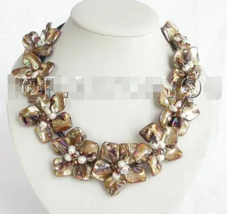 

Free Shipping >> 18" leather handcraft bloom coffee seashell white pearls necklace E152