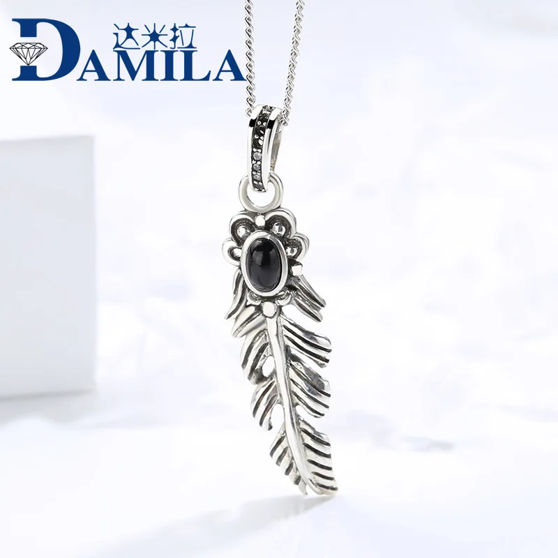 Feather necklaces pendants 925 sterling silver with Black stone