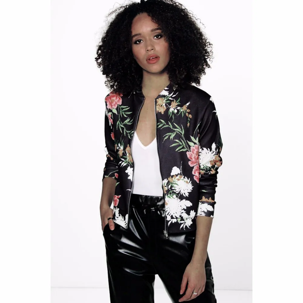 Fashion Floral Print Women Basic Coats Autumn Winter Bomber Jacket Long Sleeve Casual Basic Jackets Jaqueta Feminina (Us 10-18W)
