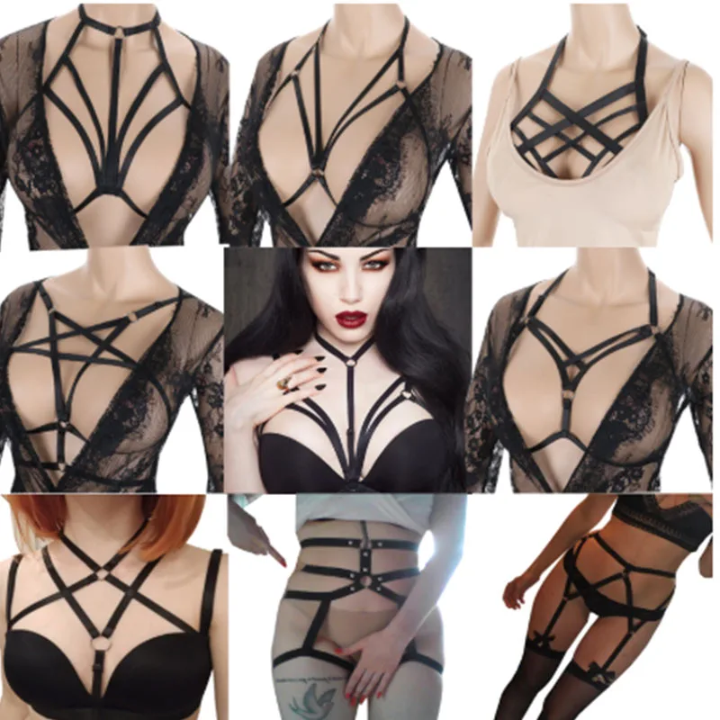 

Pentagram Body Harness Women Rave Wear Bondage Lingerie Goth Crop Tops Fetish Cage Bra Lingerie Garter Belt Star Harness Bra