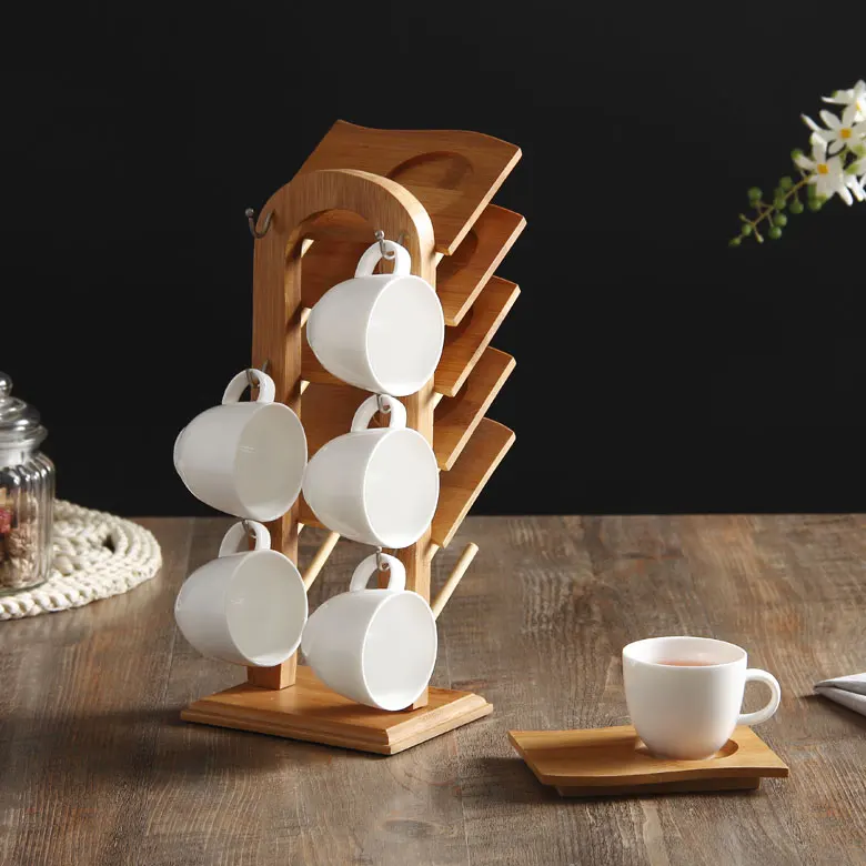 

Ceramic coffee cup set quality pure white bone china coffee cup and saucer wood cup mat spoon belt rack wood