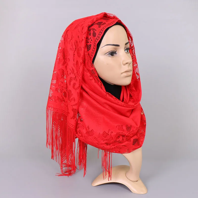 Женский шарф хиджаб кружева цветок кисточкой обертывание printe одноцветные шали повязка мусульманские хиджабы шарфы/шарф удобный Лидер продаж