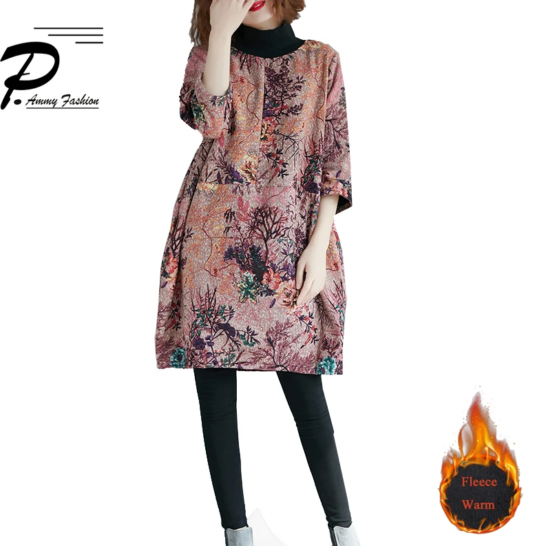 

Warm Fleece Lined Aztec Print Oversized Jumper A-Line Dress Women Winter Thicken Three Quarter Turtleneck pullover Tunic Dress