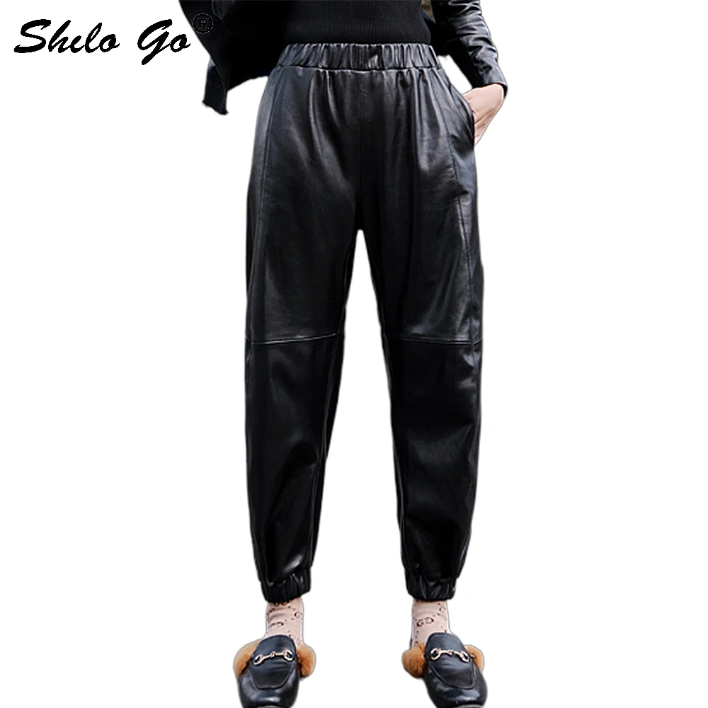 

Casual Leather Pants Women Loose Elastic High Waist Sheepskin Genuine Leather Harem Pants Concise Side Pocket Female Capris