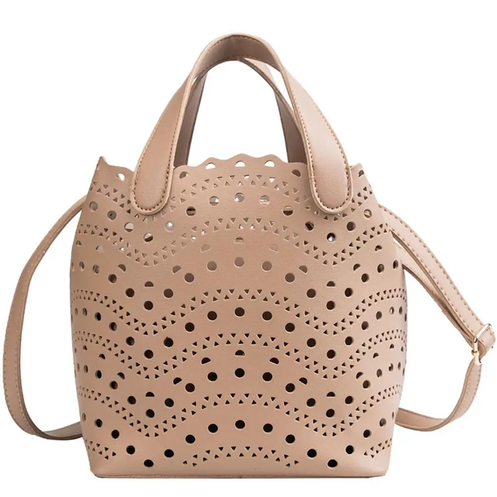 

Fashion PU Hollow Out Sling Shoulder Bag Korean Style Wild Handbag Tote Bucket Set Hand Bags For Women Beach Crossbody Bag Totes