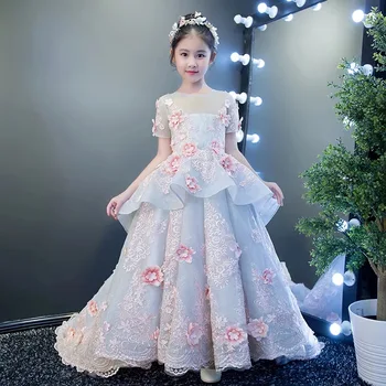 

2018 New Children Girls Elegant Embroidery Flowers Birthday Wedding Party Ball Gown Dress With Long Trailing Kids Model Dress