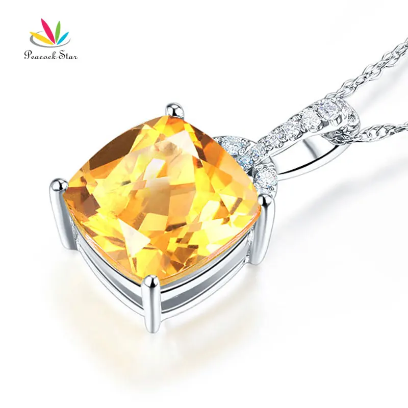 

Peacock Star 14K White Gold 4 Ct Cushion Citrine Pendant Necklace 0.1 Ct Diamond