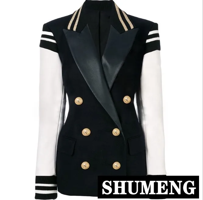

High-end 2019 Spring Autumn Women's Leather Stitching Suit Jacket Double-breasted Metal Buttons Long Sleeve Blazer Coat Outwear