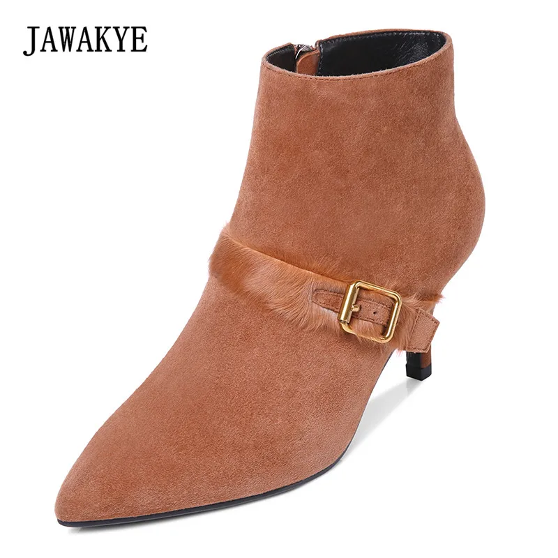 

JAWAKYE Elegent 6 CM Middle High heels Ankle Boots para mulheres Suede Pointed Horsehair Buckled Party Winter Shoes Boots Women