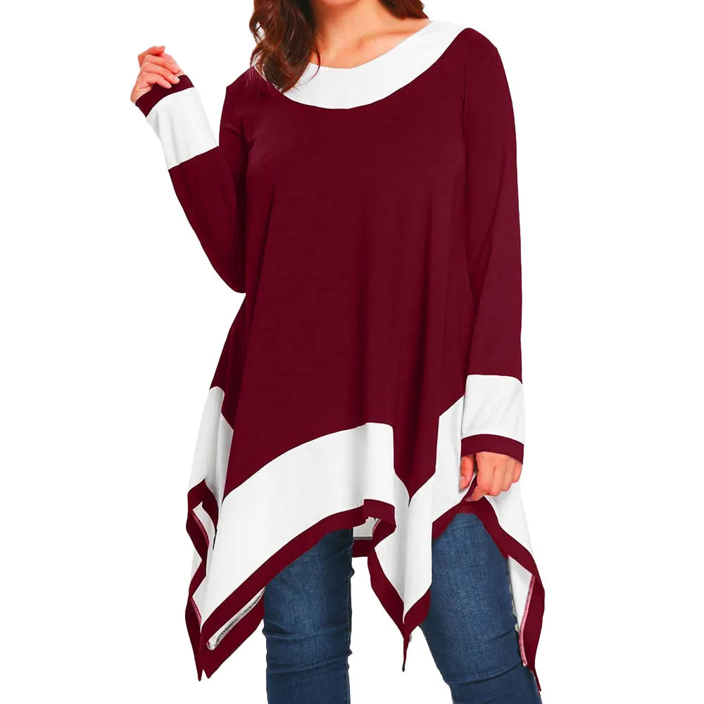 Feitong, женская блузка с длинным рукавом, в стиле пэчворк, с неровным подолом, пуловер, топы, рубашка, Новое поступление