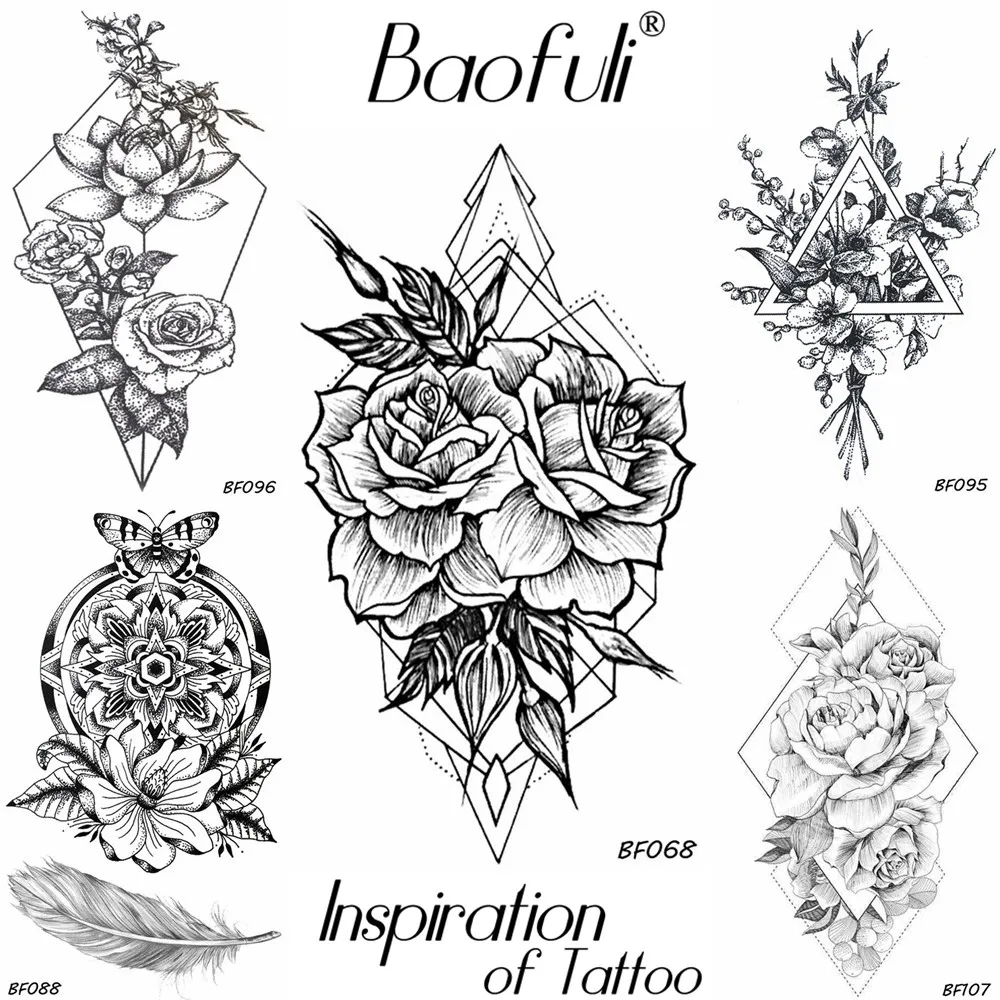 

BAOFULI Geometric Diamond Rose Temporary Tattoo Sketch Crystal Waterproof Black Tatoos DIY Neck Hands Legs Women Tattoo Stickers