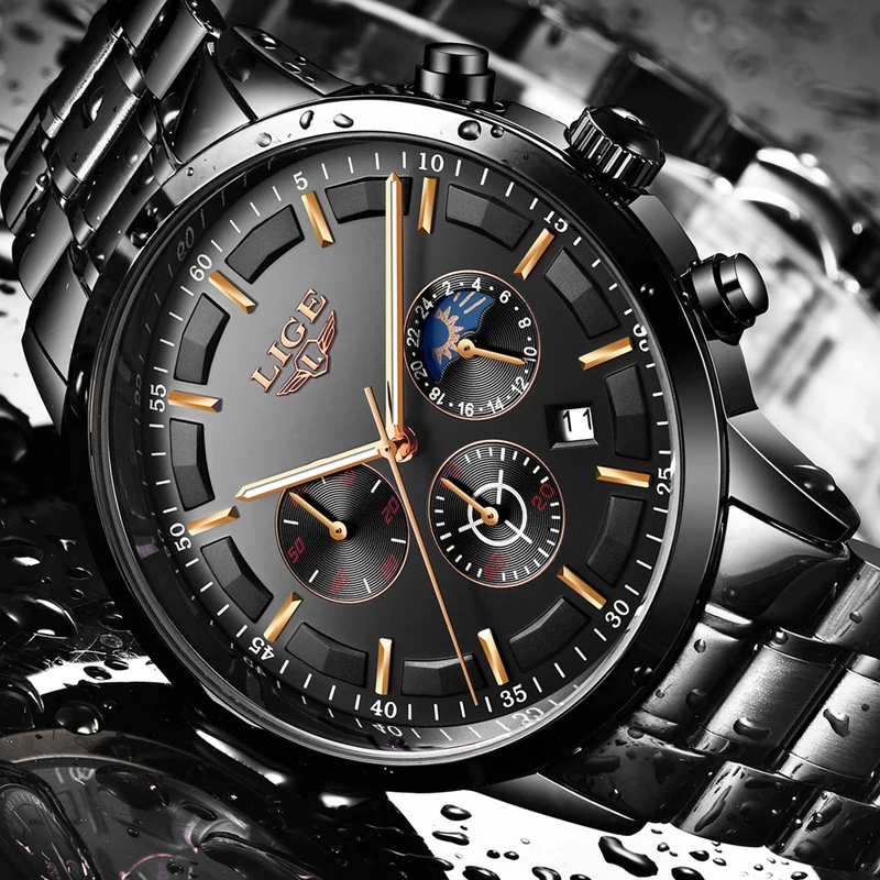 

LIGE Top Brand Luxury Black Gold Watch Men's Fashion Sport Quartz Watch Full Steel Waterproof Business Watches Relogio Masculino