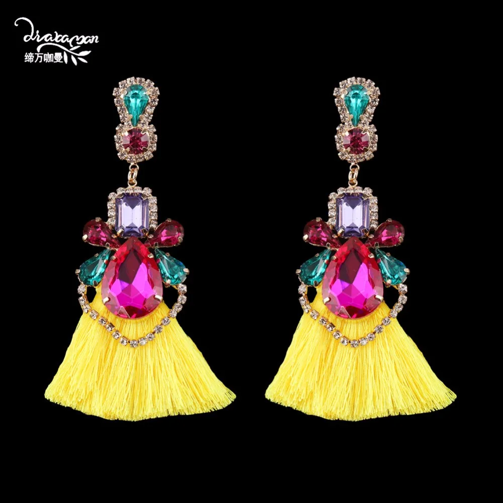 

Dvacaman Crystal Tassel Earrings Long Big Fringe Drop Earrings Women Bohemian Flower Handmade Beads Statement Party Jewelry B50