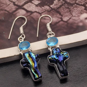 

Holy Cross Natural Dichroic Glass BlueTopaz 925 Sterling Silver Best Quality Dangle Earrings 1 7/8 Inch AK27