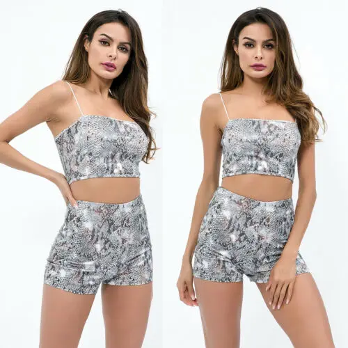 Women Summer Strap Bodycon Snake Print Casual Clubwear Sports Short Jumpsuit 2Pcs Sexy Women's Clothes Set Outfits