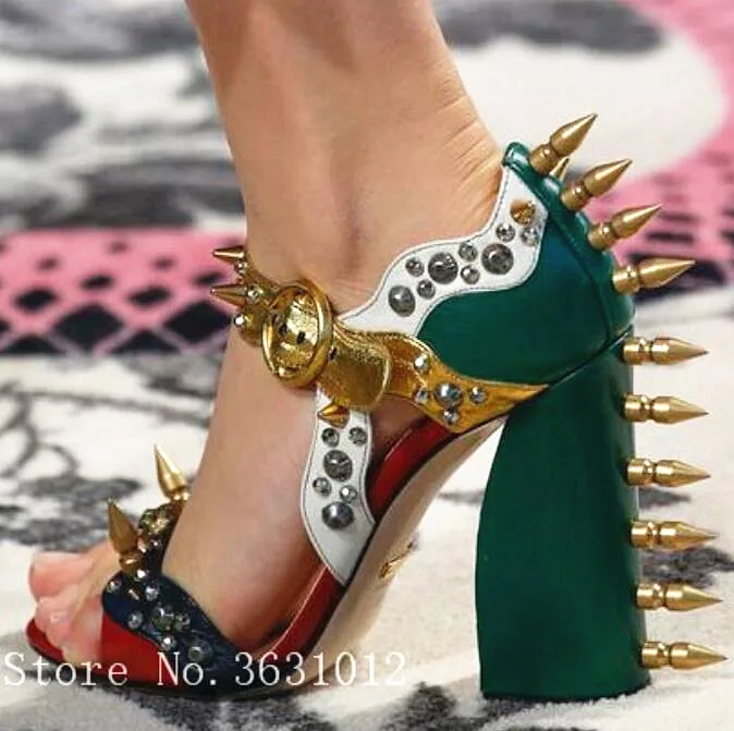 

2019 Newest Fashion Gold Spike Rivets Chunky Heel Runway Women Sandals High Heels Mixed Color Ankle Buckles Party Wedding Shoes