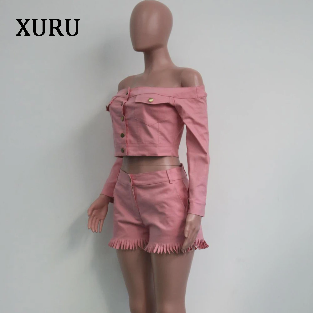 XURU Женский комплект из двух предметов, комбинезон с кисточками, комбинезоны, сексуальные с открытыми плечами, с длинным рукавом, на пуговицах, комбинезоны с карманами, женские розовые комбинезоны