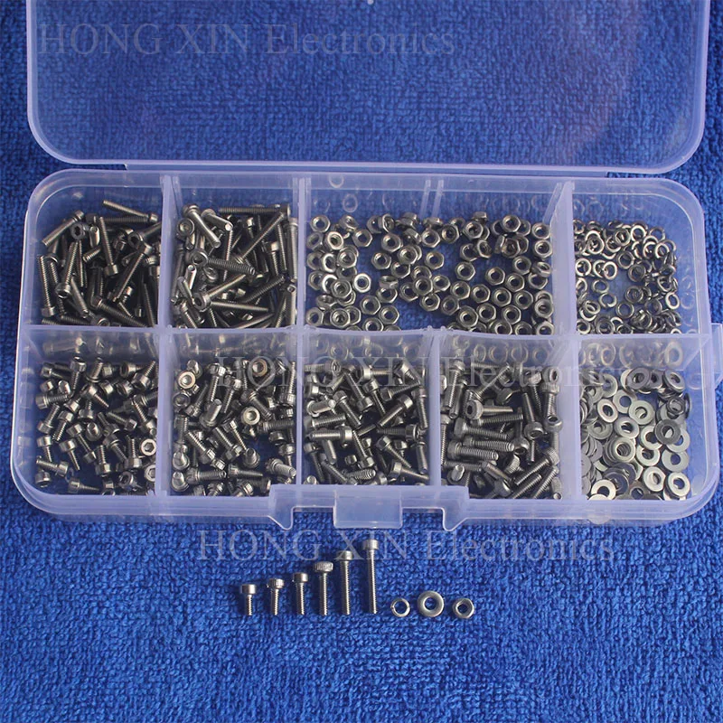 

600pcs/set M2 304 Stainless Steel Hex Socket Screws Bolt With Hex Nuts Washers Assortment Kit Set Hardware Wholesale