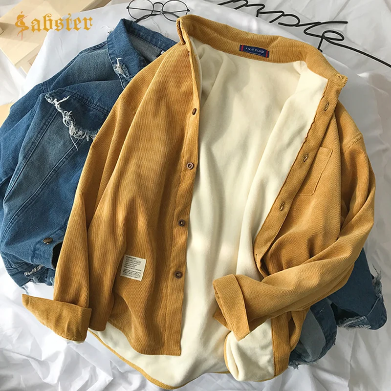 Best  Winter Thick Coat Women Plus Velvet Thickening Denim Loose Corduroy Jacket Female Long Sleeve Women