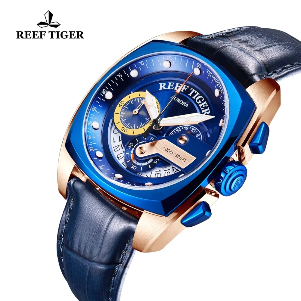 2020 Reef Tiger/RT Top Brand Sport Watch for Men Luxury Blue Watches Leather Strap Waterproof Watch