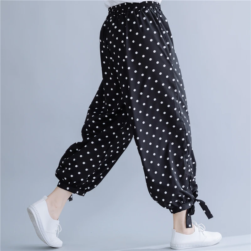 #0638 White Polka Dot Printed Black Bloomers Harem Pants Women Elastic Waist Trousers Casual Thin Ankle-length Korean Fashion #0638 White Polka Dot Printed Black Bloomers Harem Pants Women Elastic Waist Trousers Casual Thin Ankle-length Korean Fashion