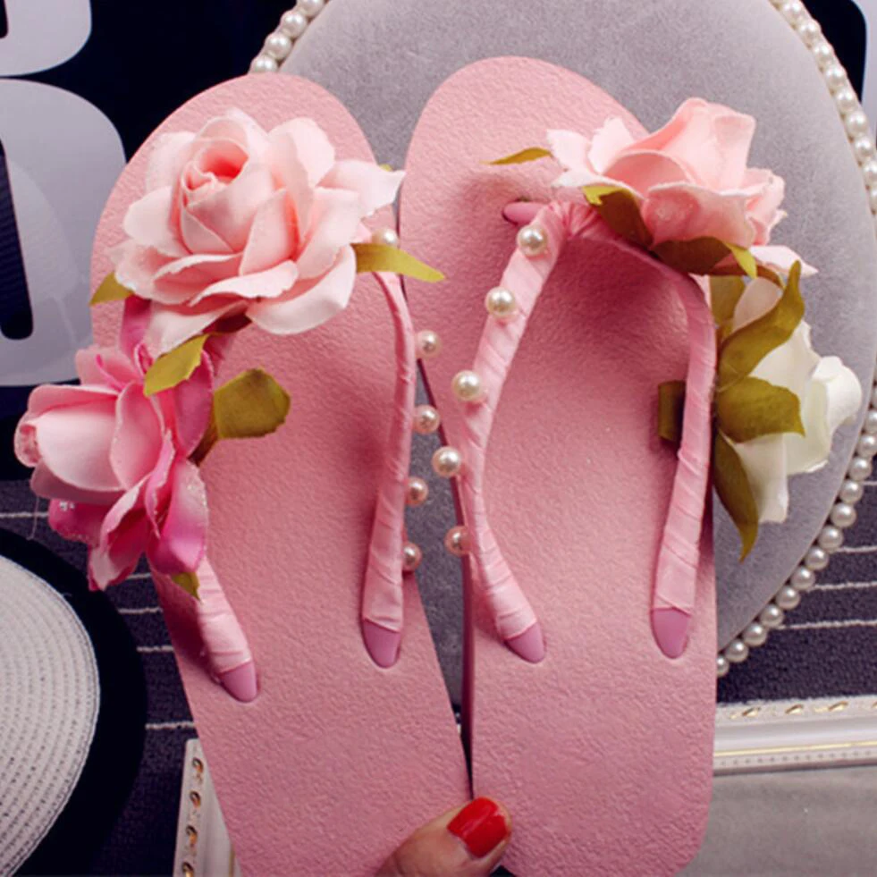 كوريا الجنوبية الأصل تصميم زهرة سيدة sashion النعال شاطئ الصنادل الإناث شقة أحذية الصيف الأحذية النسائية
