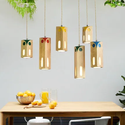 

Wooden LED Pendant Lights For Dining Room Colorful Children HangLamp Wood Lampshade Suspension Lighting Bulbs For Free