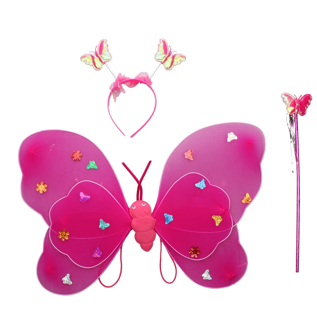 3 x Kids girls Fairy Princess Costume Sets Colorful Stage Wear Butterfly Wings Wand Headband Tutu Skirt Accessory Multi Color 