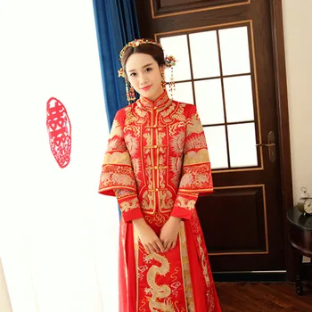 

New Arrival Women Long Sleeve Red Dragon&Phoenix Qipao Traditional Chinese Bride Wedding Dress Qipao Marriage Suit Toast Clothes