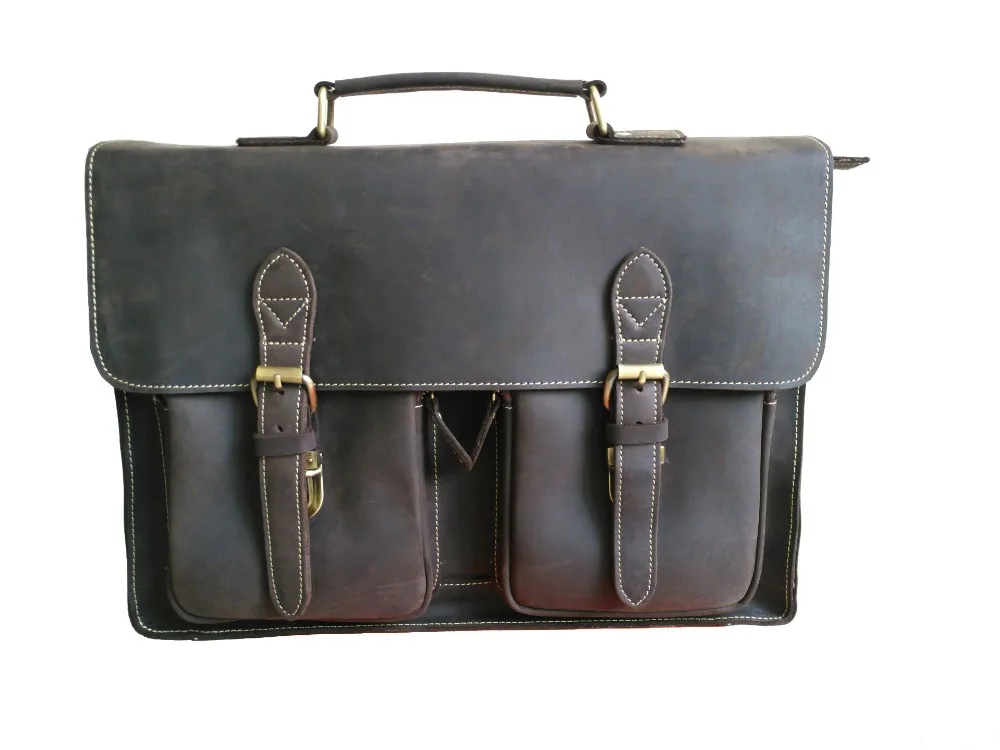Top Grade Male Men's Vintage Real Crazy Horse Leather Briefcase Messenger Shoulder Portfolio Laptop Bag Case Office Handbag 1061