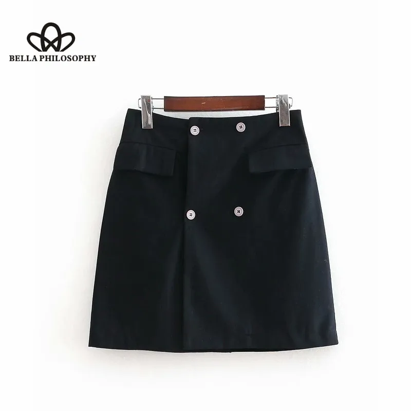 

Wonder 2018 autumn Vintage front bouble breasted pockets black faldas mujer Skirt high waist Skirts office business Mini Skirts
