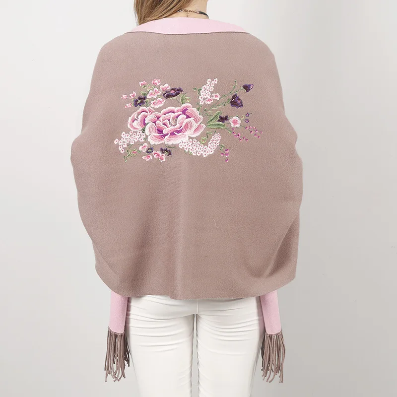 SC15, шарф, зимнее пончо из искусственного кашемира для женщин, однотонная женская накидка с длинными рукавами, винтажная шаль с вышивкой на спине, цветочный принт