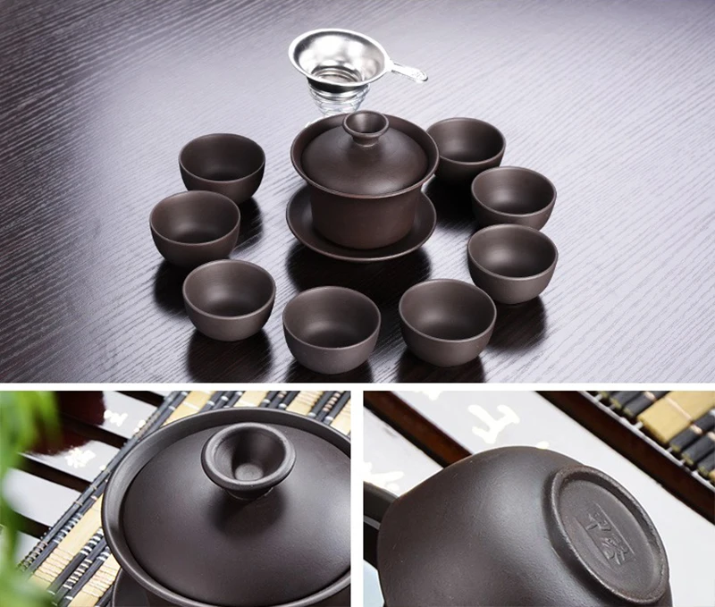 10 шт. чайный набор кунг-фу 1 горшок 8 чашек, керамический гайвань китайская посуда для напитков Исин Чайный горшок ручной работы Фиолетовый Глиняный Чайник кружка для Пуэра набор