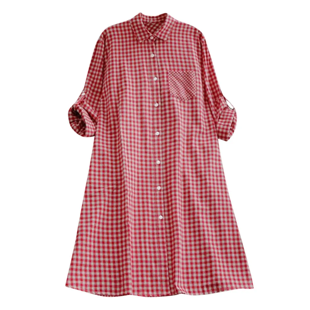 

Dress Women Plaid print new 2019 Casual Evening femme Plus Size Tunic Button Down Long Sleeve Pocket Shirt Summer Elegant Dress