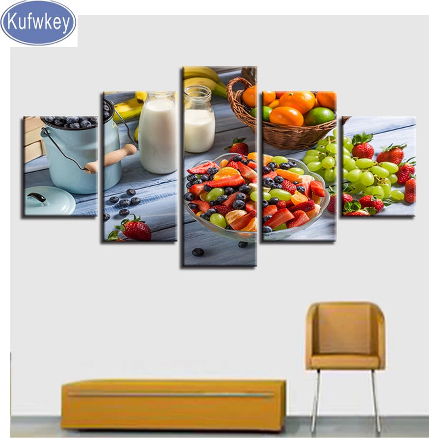 

5D diy Diamond Painting 5 Pieces Fruits Milk Food Cross Stitch Full diamond embroidery beaded diamond Mosaic pattern Kitchen art