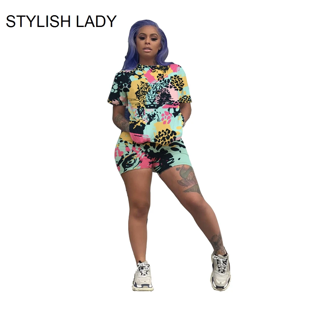 

STYLISH LADY Tiger Printed 2 Piece Set Women T Shirt and Short Suit 2019 Summer Short Sleeve O Neck Two Piece Outfits Tracksuits