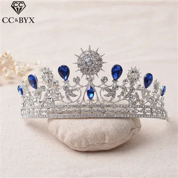 

CC tiaras and crowns double row crystal shine blue rhinestones luxury elegant hair accessories for bride engagemen jewelry HG309