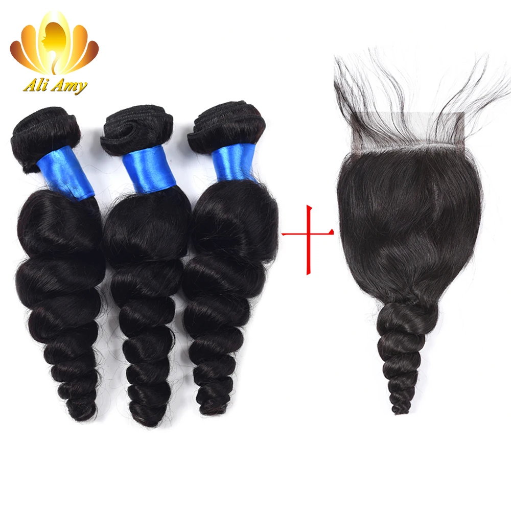 

Rosa Hair Products 4*4 Loose Wave Closure with Bundles 8A Unprocessed Virgin Human Hair Peruvian Loose Wave with Closure on Sale