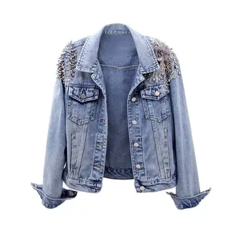 

2019 spring autumn fashion pearl short turn down collar denim jacket women three quarter sleeve slim jeans jacket