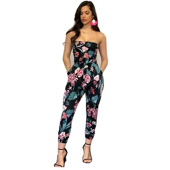 

2019 Bohemian Palm Print Lace Up Jumpsuits Rompers Off Shoulder Casual Women Jumpsuit Summer Beach Sexy Jumpsuit Overalls