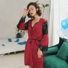 Sexy Women Silk Night Gown Set Lace Bathrobe and Mini Night Dress Full Sleeve Sleep Wear for Women Set Lingeries