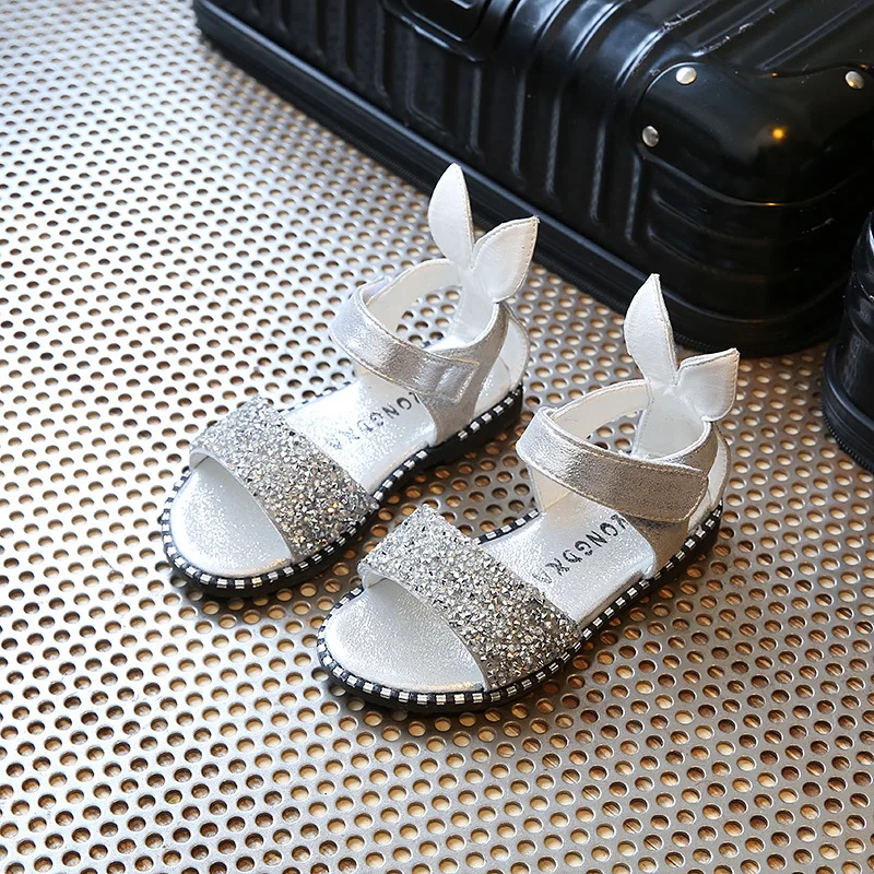 

Girls Sandals 2019 new summer children's fashion Princess shoes rhinestone rabbit ears Baby girls Flat sandals size 21-30