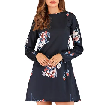 

Winter Autumn Women's Long Sleeve Loose Round Neck Lily Printing Casual Long Party Dress vestidos de verano vestido