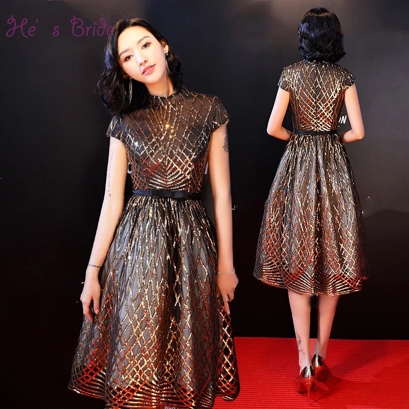 

He's Bride Elegant Short Sleeves A-Line Zipper Back Sequined Evening Dresses Custom Formal Dresses Evening Gown