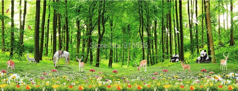 Пользовательские 3D фото обои зеленый лес мультфильм Животные 3D гостиная ТВ фон настенная панда олень цветок природный пейзаж