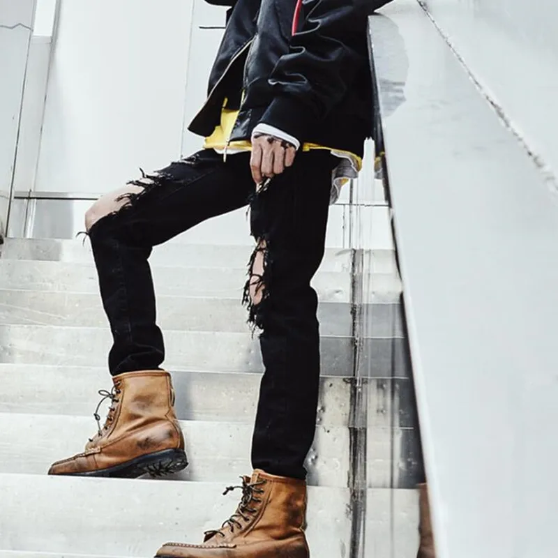 

Men black ripped jeans destroyed distressed skinny denim pants mens hip hop punk rock jeans streetwear night club DJ clothes